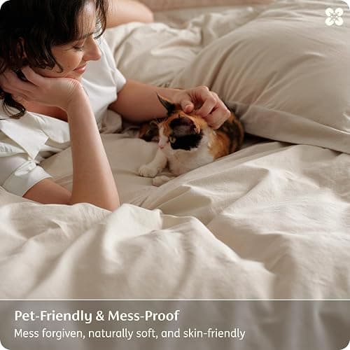Bedsure 100% Washed Cotton Duvet Cover Queen Size - Oatmeal Minimalist Bedding Set Linen Like - PureWoven Plain Simple & Soft Comforter Cover for All Seasons (Oatmeal, Queen, 90"x90") thumbnail 7