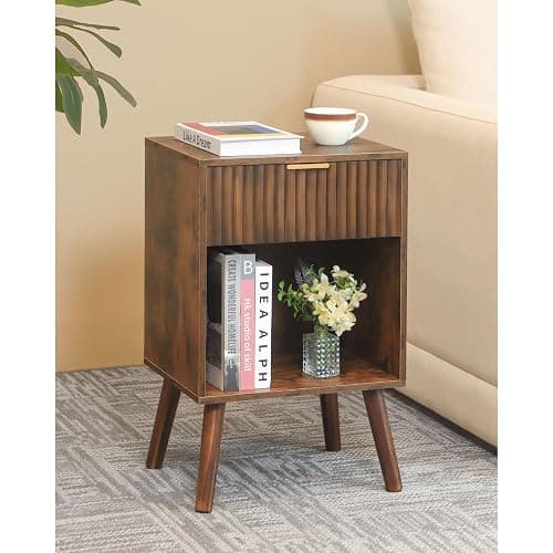 Fultyle Mid Century Modern Nightstand, Wood Bedside Table with Drawer and Opening Storage, End Table Living Room Fluted Night Stand with Solid Wood Legs for Bedroom (Rustic Brown) - Image 1