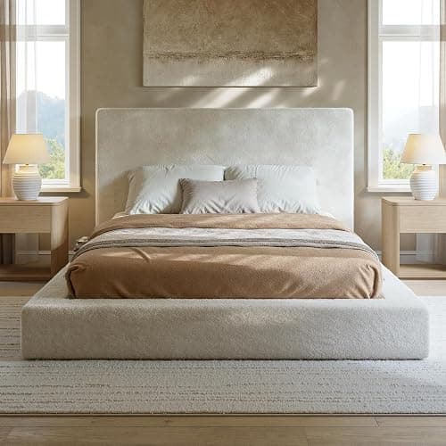 Evermagin White Queen Upholstered Bed Frame with Headboard,Soft Frame Cloud Bed with Adjust 2 Bedside Table,Modern Platform Cushion Bed Frame for Bedroom,No Box Spring Required Easy Assembly - Image 1