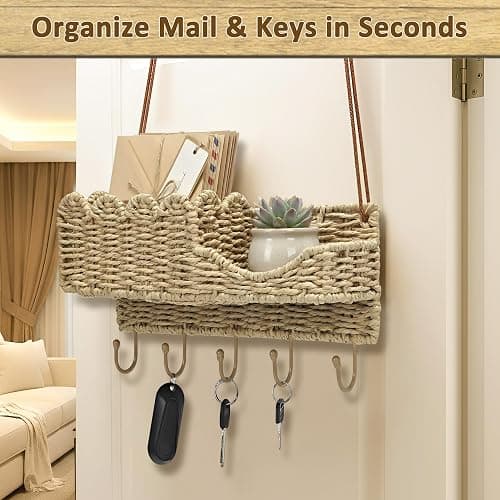 YINGXUN Hook-Woven Wicker Key Holder and Mail Organizer | Natural Paper Rattan Scalloped Wave Design Decorative Wall Mount for Entryway, Living Room, Hallway thumbnail 6