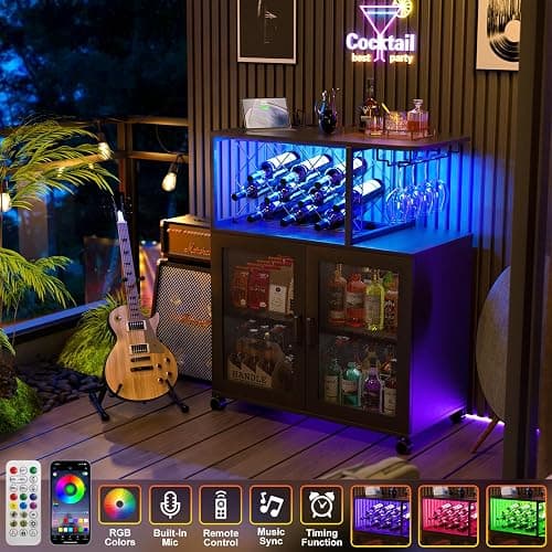 Girapow Small Bar Cart with Wheels, Liquor Cabinet with LED Light, Wine Bar Cabinet with Power Outlets, Home Mini Bar with Wine Rack, Glasses Storage for Kitchen, Dining Room, Living Room, Black - Black thumbnail 3