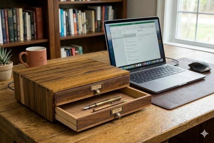 Générique Caisson de Rangement Bois Vintage/tiroirs A4 pour Bureau ou Maison, 2 tiroirs / 2 Niveaux – Organiseur de Bureau élégant, Finition Naturelle thumbnail 2