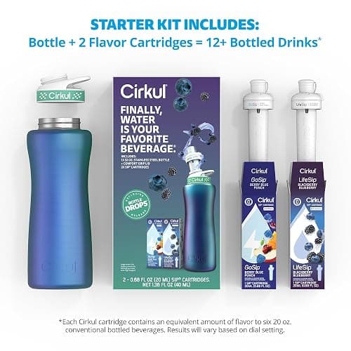 Cirkul 32oz. Chameleon Stainless Steel Water Bottle Starter Kit with Green Lid, 2 Flavor Cartridges (1 LifeSip Blackberry Blueberry, 1 GoSip Berry Blue Punch) No Sugar, Zero Calorie Drink Mix thumbnail 3