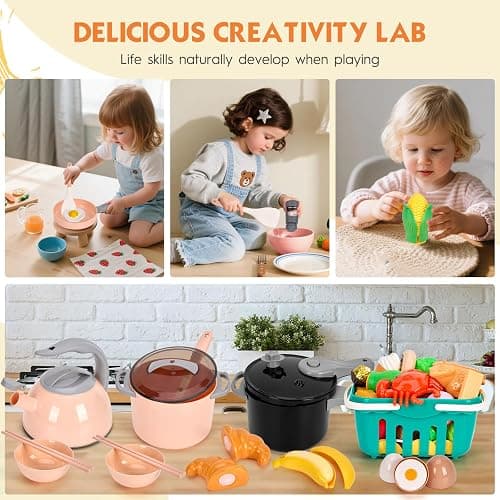 130Pcs Kitchen Playset, Toddler Pretend Cooking Play Pots, Pans, Utensils Cookware, Daily Food Fruit Veges, Shopping Storage Basket, Dessert, Prop Money, Learning Gift for Child (Pink) thumbnail 7