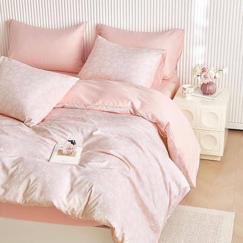 Wake In Cloud - Coquette Duvet Cover Set, Floral Cottagecore Flower Shabby Chic Cute Aesthetic, Soft Lightweight Bedding for Women Teen Girls, 3-Piece, Light Pink, Queen Size thumbnail 5