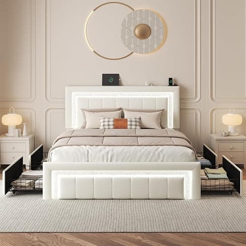 Full Bed Frame with Charging Station, Storage Drawers, Upholstered White | Platform Bed with LED Lights, PU Leather, Adjustable Headboard, Heavy Duty Metal Slats, No Box Spring Needed, Noise-Free thumbnail 3