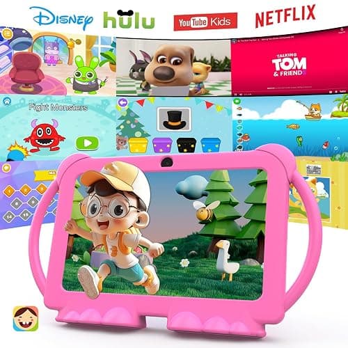 PEICHENG Kids Tablet 7 inch Android 12.0 for Toddler, 4GB RAM 32GB ROM Bluetooth IPS Screen Parental Control Dual Camera Shockproof Case for Educational Games, (Pink) thumbnail 2