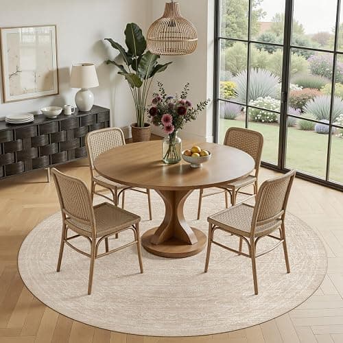 8ft Round Rug Living Room: Washable Large Vintage Neutral Area Rug Non-Slip Soft Stain Resistant Indoor Carpet for Bedroom Nursery Dining Room Under Table Bed Home House Office Playroom - Beige thumbnail 5