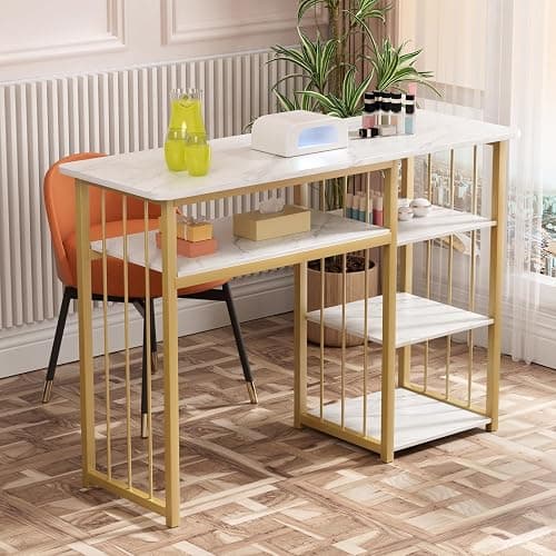 Zucebos Nail Desk with 3-Tier Shelves, Modern Manicure Table with Marble Top and Gold Frame, Nail Tech Desk for Beauty Salon Spa White thumbnail 4