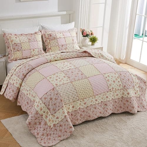 Cozyholy Queen Size Quilt Set 3-Piece, 100% Cotton Patchwork Quilt, Pink Floral Reversible Shabby Chic Bedding Bedspread for All Season, Soft Quilted Blanket with 2 Pillow Shams Machine Washable thumbnail 8