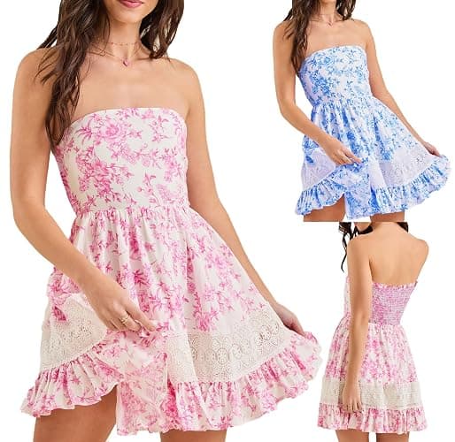Tube Top Dress for Women Summer Strapless Floral Mini Dresses Off The Shoudle Ruffle Beach Dress - Pink - Medium thumbnail 5