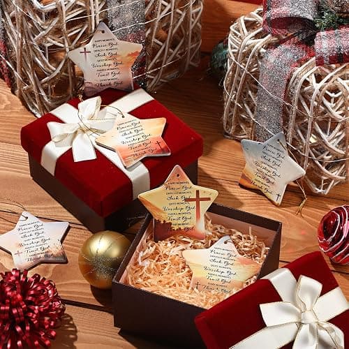 Suilung 6 Pcs Christmas Christian Ornaments Star Shaped Bible Verse Double Side Printing Ceramic Inspirational Religious Gifts Christmas Tree Hanging Decor for Employee Women Men thumbnail 2
