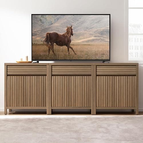 SICOTAS Fluted Buffet Cabinet with Storage - 87" Large Sideboard Modern Storage Cabinet Accent Coffee Bar Console Table with Drawers & Adjustable Shelves for Kitchen Living Room Entryway, Caramel Oak thumbnail 3