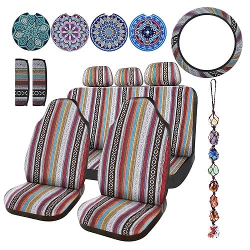 Frienda 14 Pcs Baja Car Seat Covers Full Set Multicolor Stripe Boho Print Steering Wheel Cover Seat Belt Cover Crystal Hanging Ornament Car Holders Fits (Stripe Style) - Image 1