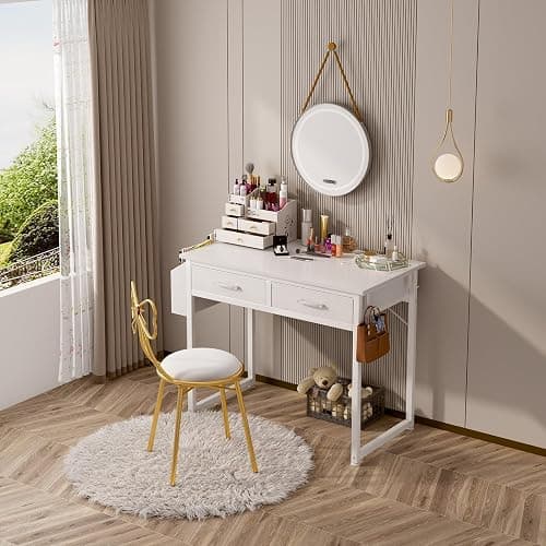 DLisiting 32 Inch Small White Desk with 2 Drawers, Study Writing Computer Desk with Storage Drawer for Bedroom Home Office, Vanity Table Without Mirror for Girls Small Spaces thumbnail 7