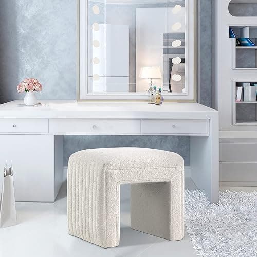 Get Set Style Vanity Stool Chair,Boucle Ottoman Foot Stool Modern Ottoman Footstool with Wood Legs Sofa Bench Extra Seating for Living Room, Entryway, Office (Fully Assembled) - White thumbnail 5