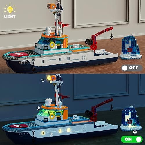 Glikid City Boat Building Set with LED Lights - Arctic Explorer Ship Toy Gift for 8 Year Old Boys and Girls, with Helicopter, Drone, Speedboat, Submersible, Iceberg, and Polar Bears thumbnail 4