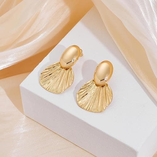 FILMOON Gold Plated Earrings Dangle Chunky Fan-shaped Earrings Shell Earring for Women Two-Tone Fashion Statement Jewelry thumbnail 2