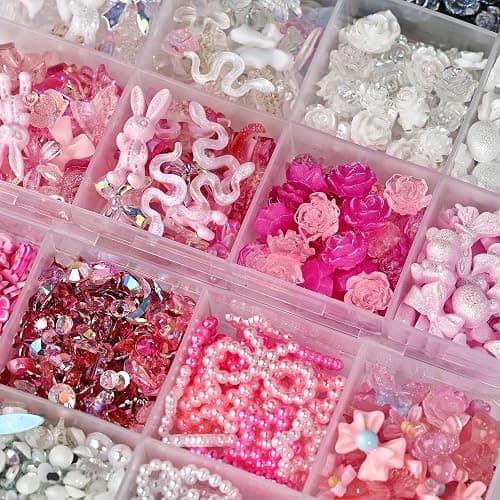 Kikonoke 2050 Pieces 3D Butterfly Rose Flower Bow Rabbit Bear Nail Charms Kit with Nail Art Rhinestones Pearls Crystal Gems Nail Slices for Manicure DIY Crafts Jewelry Accessories (Pink Black White) thumbnail 5