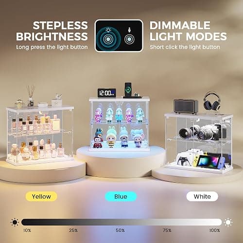 Dystler Lighted Clear Glass Display Case - for Figures & Collectibles, Small 2-Tier Display Cabinet with Charging Station, LED Display Box with Lights & Human Sensor, for Model Car, Perfume, White thumbnail 5
