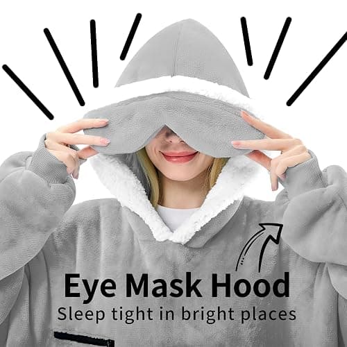 IFNOW Wearable Blanket Hoodie,Oversized Sherpa Hooded Blanket Sweatshirt with Eye Mask and Pocket,Cozy Flannel Blanket with Sleeves for Adult,Birthday Christmas Gifts for Women Mom Girlfriend,Grey thumbnail 3