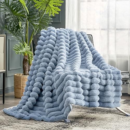 Cozy Bliss Faux Fur Throw Blanket for Couch, Cozy Warm Plush Striped Blanket for Sofa Bedroom Living Room, 50 * 60 Inches Light Blue - Image 1