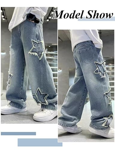 Happy Cherry Boys Baggy Star Denim Pants Pull On Elastic Waist Wide Leg Jeans Loose Vintage Cargo Jeans with Pockets thumbnail 5