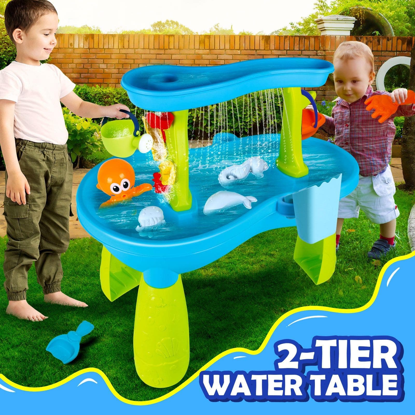 KIDBOT Sand and Water Table,2 Tier Pool Play Toys for Educational Beach Outdoor Activity Summer Backyard Kids Pretend Set thumbnail 2