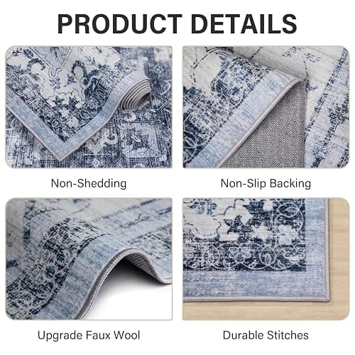 Washable Rug Living Room Rugs: 6x9 Area Rug Large Soft Boho Vintage Medallion Carpets Indoor Floor Anti Slip Non-Shedding Thin Carpet for Bedroom Dining Room Farmhouse Nursery Home Office-Blue/White thumbnail 5