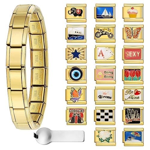 GEMOSA Gold Italian Charm Bracelet Sets with 1Pcs 6.75 inch Starter Brascelet, 20Pcs Charms Pack and Opening Tools, 9mm Italian Modular Charm Bracelet Link Handmade DIY Module Jewelry Gifts - Image 1