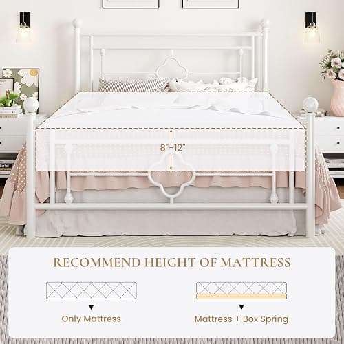 SHA CERLIN 14 Inches Full Size Metal Platform Bed Frame/Vintage Iron-Art Headboard and Footboard/Mattress Foundation for Storage/No Box Spring Needed/Noise-Free/Easy Assembly/White thumbnail 7