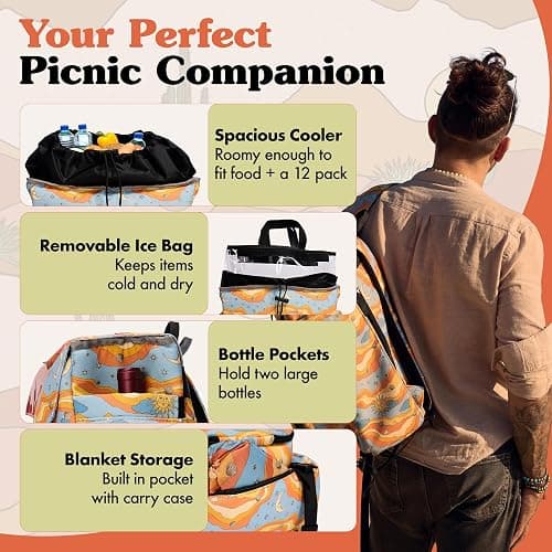 Lax & Daisy Travel Picnic Backpack for 2 Persons - 14 Piece Set Cooler Bags Insulated for Beach, Camping, Hiking & Parks with Blanket, Tumblers, Plates, Gold Cutlery & Cutting Board (Sun Moon Print) thumbnail 4