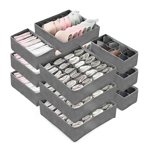 Garvee 12 Pack Underwear Drawer Organizers, 116 Cells Dresser Drawer Divider Bins for Baby Clothes, Underwear, Bra, Sock, Foldable Fabric Closet Organizer for Bedroom, Nursery, Grey - Image 1