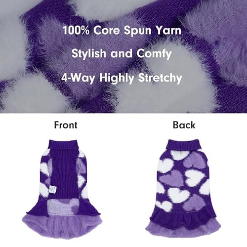 CuteBone Purple Heart Dog Sweater Dress for Small Dogs Girl, Soft and Stretchy Dog Sweater for Medium Large Dogs, Pullover Pet Winter Clothes Ruffle Dress Cat Apparel DS101XL thumbnail 3