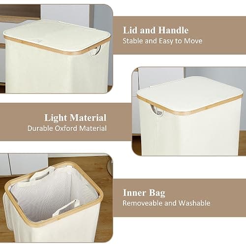 iEGrow Laundry Basket with Wheels, 110L Beige Clothes Hamper for Laundry, Laundry Hamper with Lid and Inner Bag, for Laundry Room, Bedroom, Dormitory Storage,Beige thumbnail 3