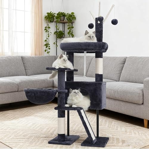 Gitelsnour Cat Tree for Indoor Cats, Cat Tower with Scratching Post for Small Cats and Kittens, Cat House with Removable Top Platform and Fluffy Balls, Hanging Cat Basket, Smoky Gray GCT006SG thumbnail 9