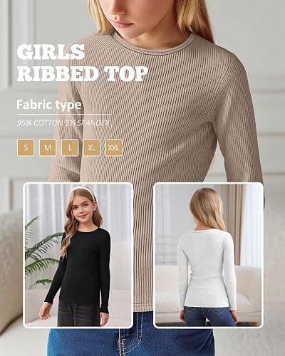 LessonZoo 3 Pack Girls Long Sleeve Shirts Ribbed Knit Cotton Layering Tops Slim Fit Crewneck Casual Undershirts thumbnail 6