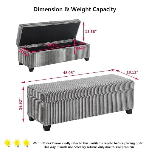 mikibama Corduroy Storage Ottoman Bench,Bed End Ottoman Bench with Storage,48" Long Storage Benches for Bedroom,Living Room,Entryway,Window,Mid Century Modern Storage Chest (Grey, 48") thumbnail 3