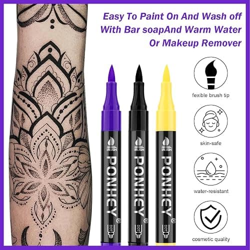 Ponhey Temporary Tattoo Markers for Skin, 36 Body Markers+67 Large Tattoo Stencils,Dual-End Tattoo Pens,Fine Lines with Cosmetic-Grade,Flexible, Skin-Safe Face Paint Kit for Kids Teenage Adults thumbnail 3
