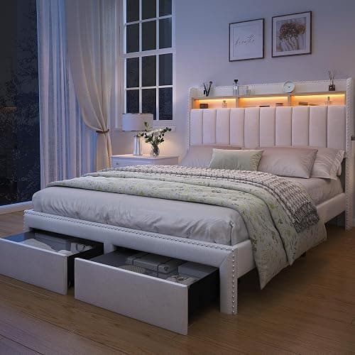 SIBEDS Full Bed Frame with 2-Tier Storage Headboard, Smart LED Beds with 2 Under Bed Storage Drawers, Linen Upholstered Platform Bedframe with Vertical Channel Tufted Wingback Rivet Decor, Natural thumbnail 7