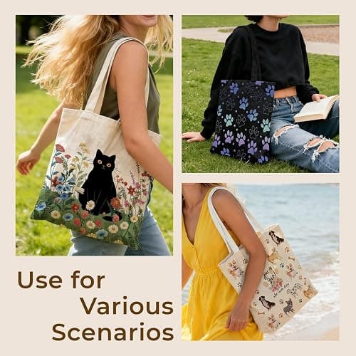 Sukyerios Cute Aesthetic Canvas Tote Bag for Women, Reusable Foldable Shopping Cotton Shoulder Totebag with Zipper Pocket thumbnail 3