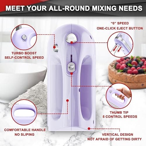 Lord Eagle Hand Mixer Electric Handheld 400W, 5-Speed Lightweight Kitchen Mixer with Storage Case, 5 Stainless Steel Attachments for Baking Cake Egg Cream Food Beater, Turbo+Eject Button, Purple thumbnail 4