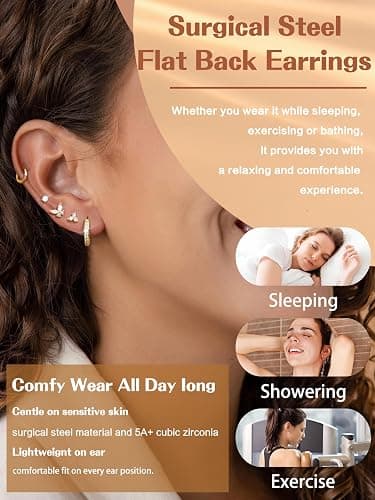 CASSIECA 12 Paar Ohrringe Gold Silber Set, 316L Chirurgenstahl Ohrringe für Damen Herren Medizinische Ohrstecker und Creolen für Mehrfachpiercing 14K Vergoldet Helix Tragus Piercing Ohr Gold Silber thumbnail 5