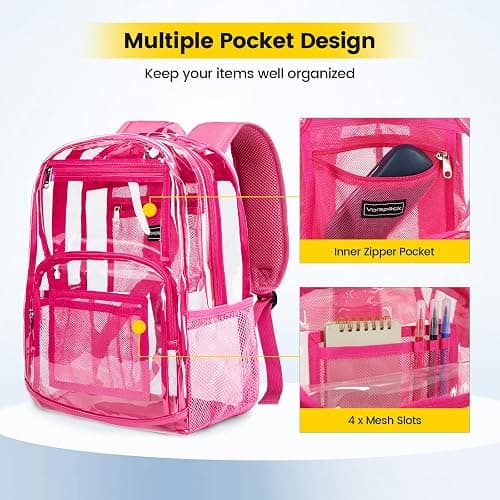 Vorspack Clear Backpack Heavy Duty - Large Transparent Bookbag for Adults, See Through Backpack for College, Work, Travel - Pink thumbnail 4