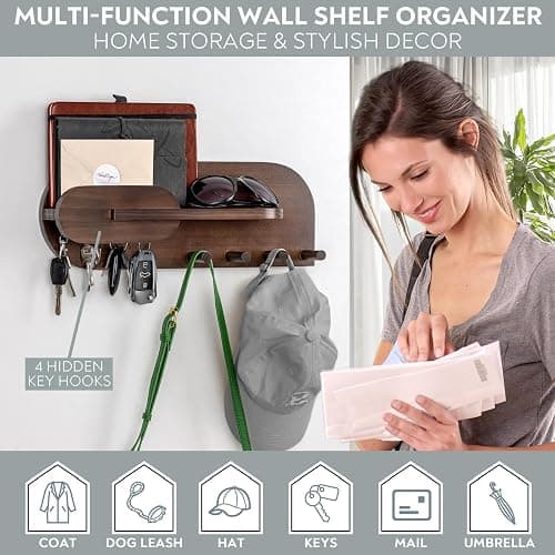 Solid Wood Mail and Key Holder for Wall Decorative Display - Includes Mail Holder, Shelf with Hooks for Keys & Pegs for Hanging Hats, Coats, Bags, Backpacks & More - Sleek Modern Design, Walnut Brown thumbnail 4
