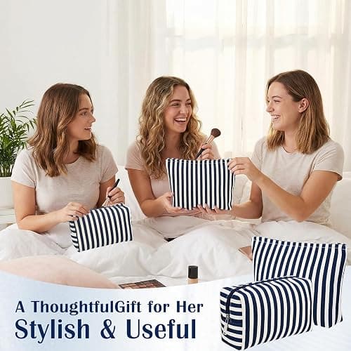 Sadnyy 2 Pcs Navy Blue Striped Makeup Bags Set Canvas Zipper Cosmetic Pouch for Purse Travel Toiletry Organizer Bag Gifts for Mom Women Beach Bridemaids Party Favors thumbnail 7