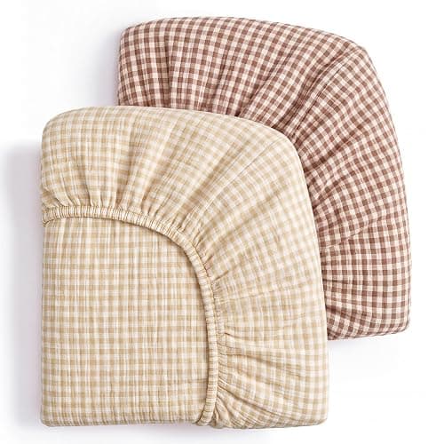 Blissful Diary Muslin Crib Sheets, 2 Pack, Beige Gingham & Brown Gingham | fitted for 52''x28'' crib mattress, soft and breathable cotton, boho style, easy care for machine wash, gift for boy and girl - Image 1