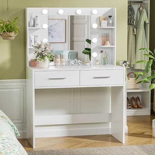 YESHOMY Vanity Desk with Mirror, Makeup Table with 2 Large Drawers, Power Outlet and Round Holder, 3 Color Modes Adjustable Bulb, White thumbnail 2