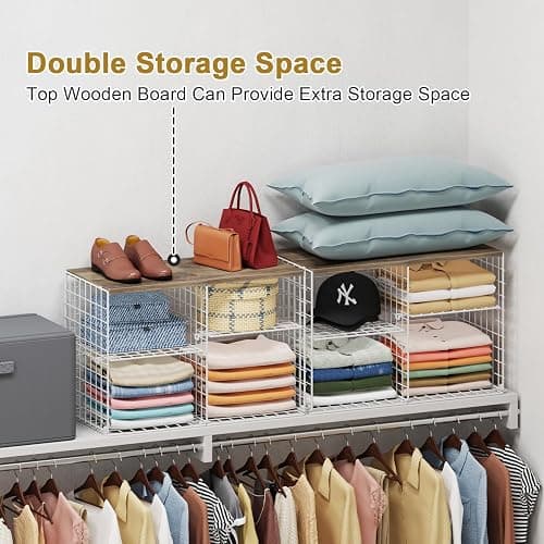 2 Pack Closet Shelf Organizer, Closet Organizers and Storage Shelves With Adjustable Dividers, Stackable Storage Bins Baskets For Clothes Sweaters Jeans Jackets, With Wooden Board, 8 Compartments thumbnail 5