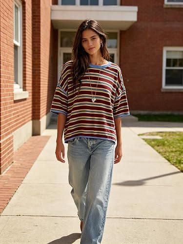 Womens Oversized Striped T-Shirt Cotton Boxy Crop Top 90s Retro Drop Shoulder Ringer Tee Casual Skater Streetwear Tops thumbnail 3